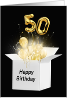 50th Birthday Gold Balloons and Stars Exploding Out of a White Box card