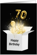 70th Birthday Gold Balloons and Stars Exploding Out of a White Box card