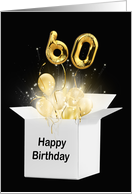 60th Birthday Gold Balloons and Stars Exploding Out of a White Box card