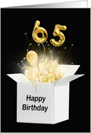65th Birthday Gold Balloons and Stars Exploding Out of a White Box card