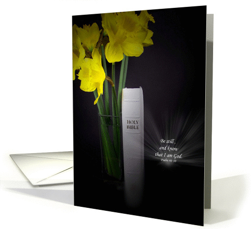 Daffodils with white Holy Bible and inspirational scripture verse card