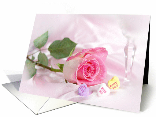 Valentine's Day-candy hearts with pink rose on pink satin card