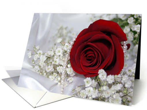 Wedding red rose with pearls on white satin. card (173891)