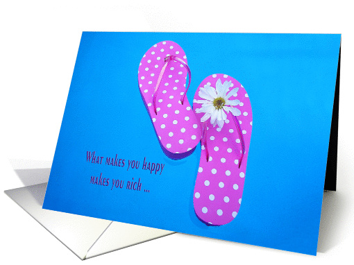 Polka dot flip-flops with white daisy floating in a pool card (173959)