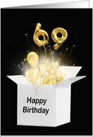 69th Birthday Gold Balloons and Stars Exploding Out of a White Box card