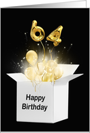 64th Birthday Gold Balloons and Stars Exploding Out of a White Box card
