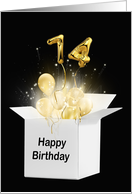 74th Birthday Gold Balloons and Stars Exploding Out of a White Box card