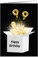 99th Birthday Gold Balloons and Stars Exploding Out of a White Box card