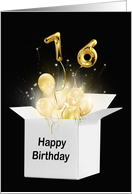 76th Birthday Gold Balloons and Stars Exploding Out of a White Box card