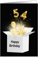 54th Birthday Gold Balloons and Stars Exploding Out of a White Box card