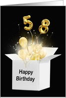 58th Birthday Gold Balloons and Stars Exploding Out of a White Box card