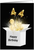 44th Birthday Gold Balloons and Stars Exploding Out of a White Box card
