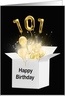 101st Birthday Gold Balloons and Stars Exploding Out of a White Box card