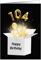 104th Birthday Gold Balloons and Stars Exploding Out of a White Box card