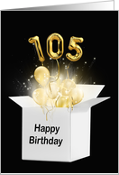 105th Birthday Gold Balloons and Stars Exploding Out of a White Box card