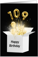 109th Birthday Gold Balloons and Stars Exploding Out of a White Box card