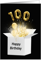 100th Birthday Gold Balloons and Stars Exploding Out of a White Box card