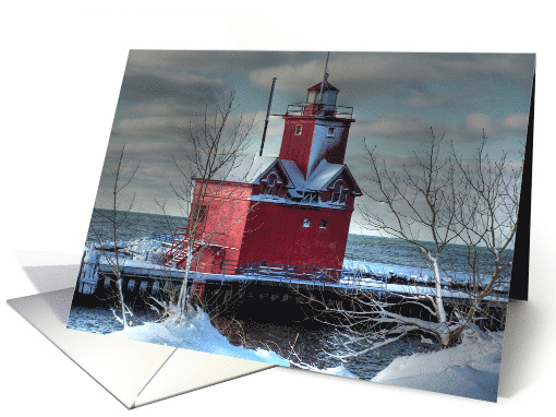 Michigan red lighthouse in winter card (181631)