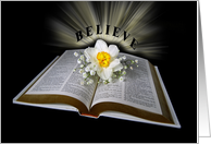 spiritual inspiration, open white Bible with daffodil and light rays card