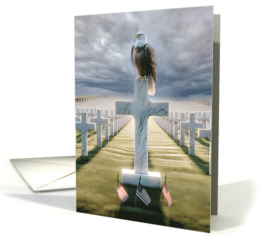 Bald Eagle Perched On a White Marble Cross In a Cemetery card
