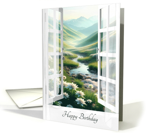 Birthday White Open Window With Edelweiss Mountain Scene card