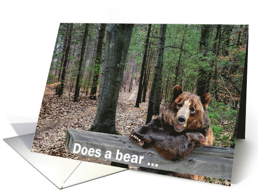 Bear Sitting at a Picnic Table In the Woods for Birthday card