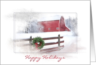 Happy Holidays Red Barn In Snow With Green Wreath card