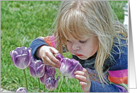 Inspirational card with little girl studying a purple tulip card