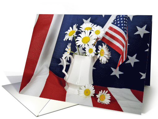 4th of July white daisy bouquet in pitcher on American flag card
