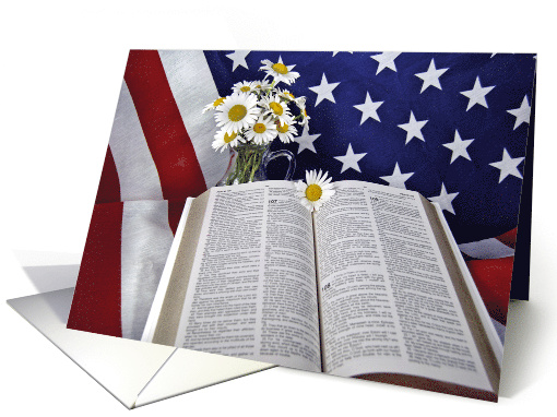 4th of July Holy Bible on American flag with daisy bouquet card