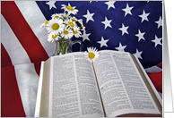4th of July Holy Bible on American flag with daisy bouquet card