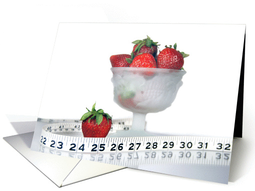 Weight loss encouragement with tape measure and strawberries. card