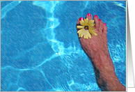 barefoot with flower in pool with rain effect card