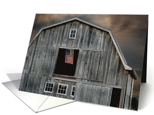 Flag Day, American flag flying in a barn hay loft at sunset card
