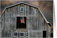 Flag Day, American flag flying in a barn hay loft at sunset card