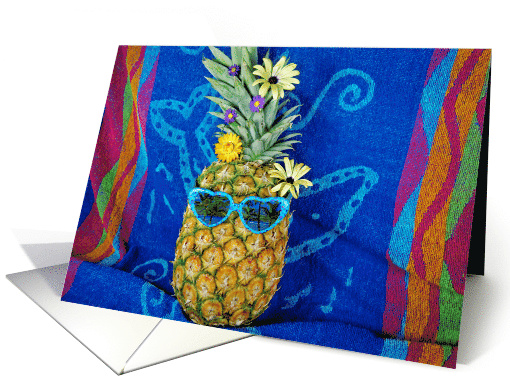 Bon Voyage, pineapple with flowers and sunglasses on beach towel card