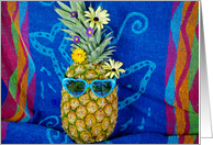 Bon Voyage, pineapple with flowers and sunglasses on beach towel card