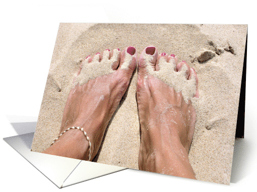 Thinking of you, barefoot in beach sand card (236427)