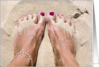 Thinking of you, barefoot in beach sand card