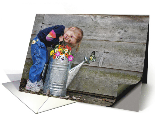 friendship, girl with flowers in watering can and butterfly card