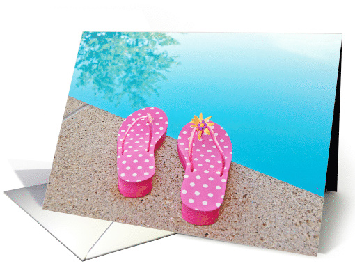 Happy Summer, polka dot flip flops with daisy at edge of a pool card