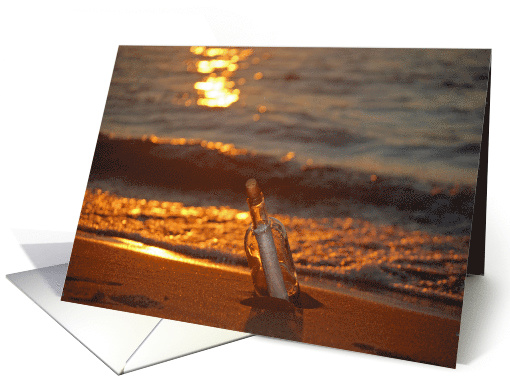 Hello message in a bottle on the beach at sunset card (241365)