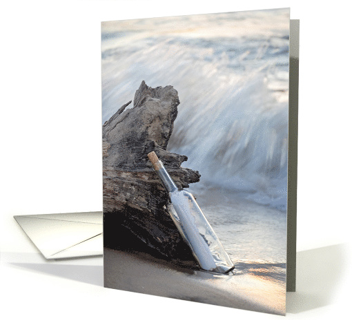 Miss You, message in a bottle on driftwood with ocean surf card