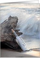 Miss You, message in a bottle on driftwood with ocean surf card