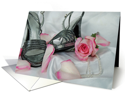 Maid of Honor request-pink rose with silver shoes and pearls card