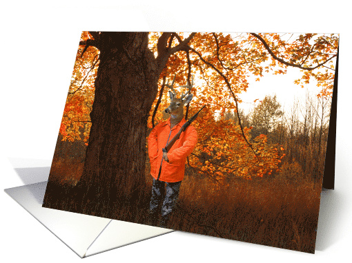 Deer dressed as a hunter with rifle in autumn woods card (269125)