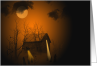 Haunted old cabin in woods with glowing orange moonlight card