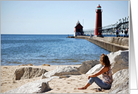 Serene Scene of a Young Woman Looking Out At Lake Michigan card
