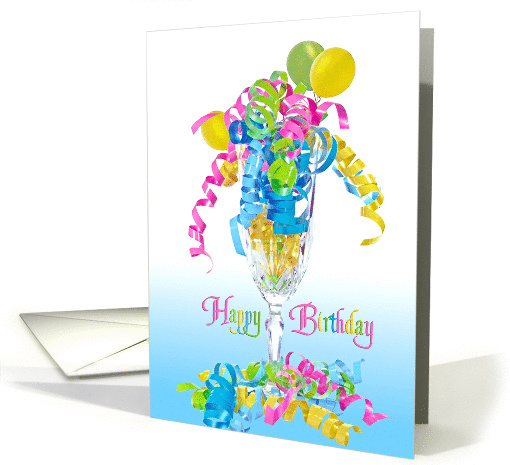 Birthday ribbons and balloons in crystal flute glass card (292211)