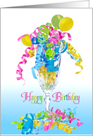 Birthday ribbons and balloons in crystal flute glass card